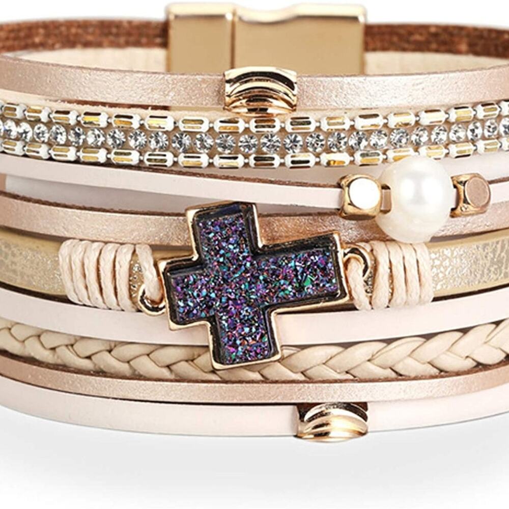 Cross Boho Multilayer Leather Wrap Cuff Bangle Bracelet - Picture 6 of 6